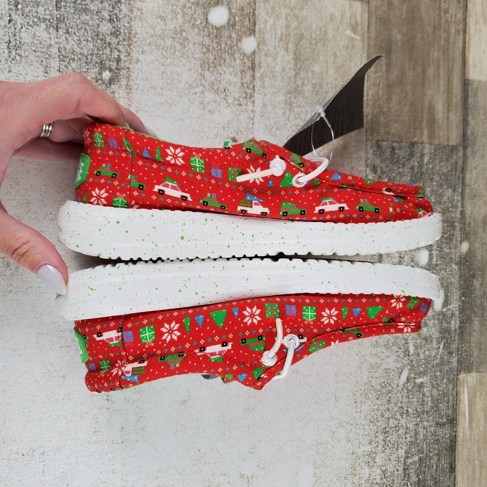 Hey Dude Lildude Holiday Sweater Kids Loafers Shoes C13 Red Green White Slip-On